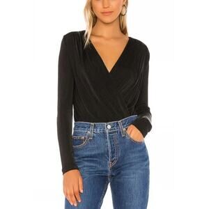 Free People Plunging V Neck Faux Wrap Long Sleeve Turnt Bodysuit Black SZ Small